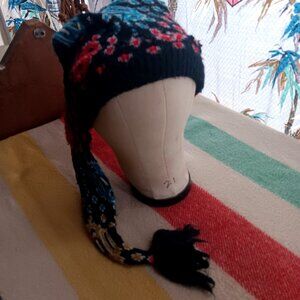 Vintage Knit Elf Hat Tassel Tail Multicolor 1970's Women's Cottage Hippie